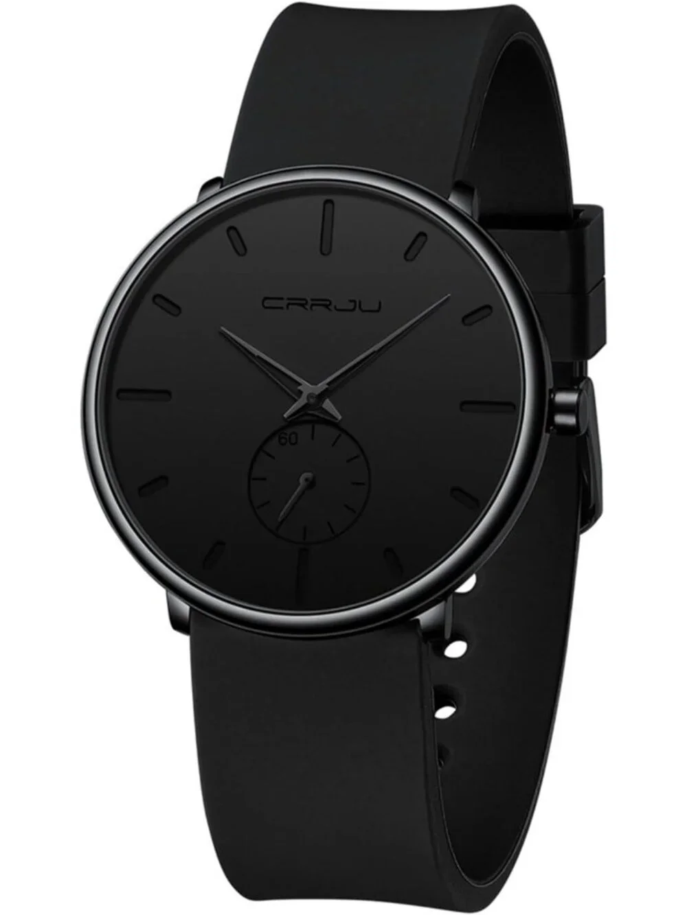 Crrju Men's All Black Stylish Waterproof Quartz Unisex Ultra Silicone Band Watch